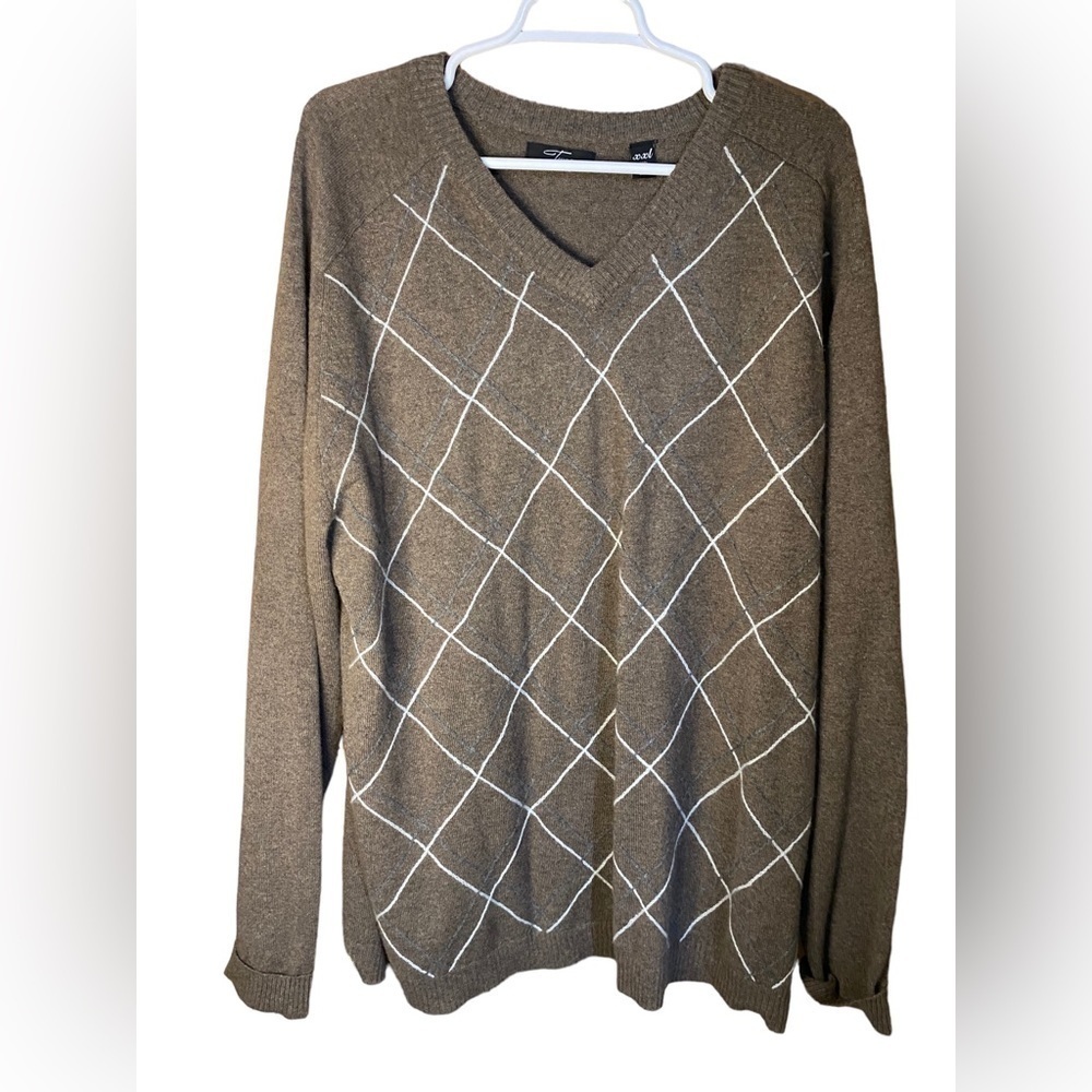 Two AM Argyle brown blue CASHMERE V-neck plaid SWEATER XXL